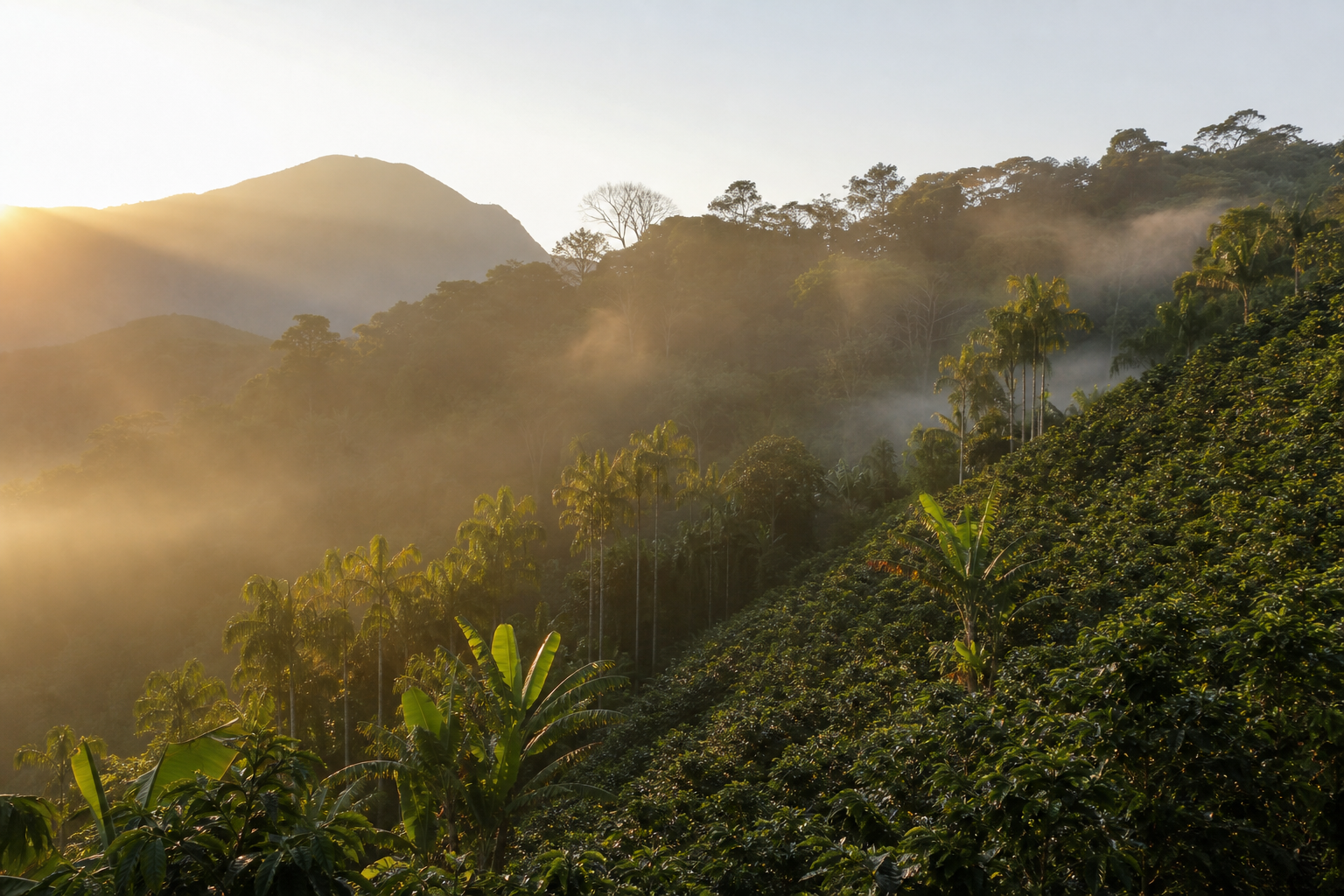 Cafezal entre montanhas da região da Serra do Brigadeiro ao amanhecer